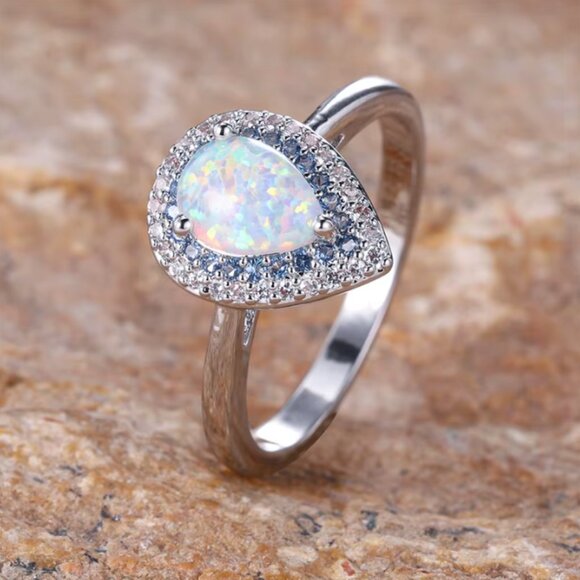NEW 14k White Gold Opal Diamond Ring Pear Cut Tear Drop Opal Ring - Picture 1 of 4